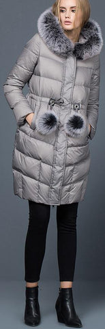 Thick Puffer Coat with Fur Trim Hood and Pom Poms, Grey