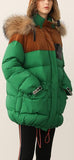 Color-Contrast Puffer Jacket with Removable Fur Hood