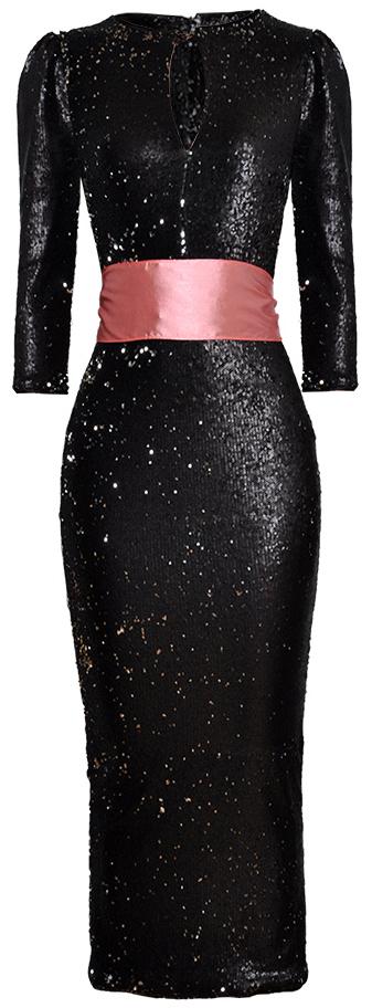 Sequin-Embellished Fitted Midi Dress with Sash, Black