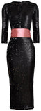 Sequin-Embellished Fitted Midi Dress with Sash, Black
