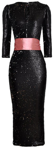 Sequin-Embellished Fitted Midi Dress with Sash, Black