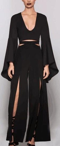 Black Bell-Sleeve Top & Slit Pant Set - DESIGNER INSPIRED FASHIONS