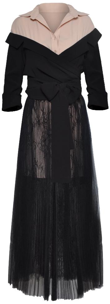 Draped Wrap Tie-Waist Shirt and Lace Skirt Set