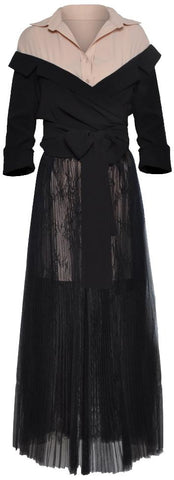 Draped Wrap Tie-Waist Shirt and Lace Skirt Set