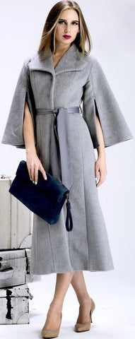 Flared Cape-Sleeve Textured Long Wool Coat in Grey - DESIGNER INSPIRED FASHIONS