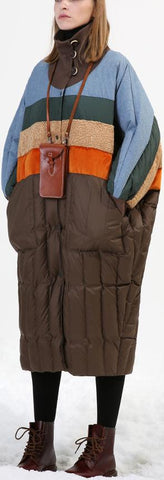 Striped Oversized Puffer Coat with Knit Collar & Cuffs