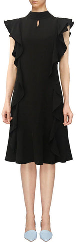Ruffle-Trim Keyhole Shift Dress, Black | DESIGNER INSPIRED FASHIONS