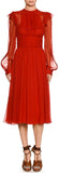High-Neck Long-Sleeve Ruffled Midi Cocktail Dress, Red