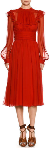 High-Neck Long-Sleeve Ruffled Midi Cocktail Dress, Red
