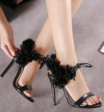 Ruffled Flower-Ankle Leather Sandals in Pink or Black - DESIGNER INSPIRED FASHIONS