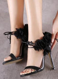 Ruffled Flower-Ankle Leather Sandals in Pink or Black - DESIGNER INSPIRED FASHIONS
