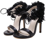 Ruffled Flower-Ankle Leather Sandals in Pink or Black - DESIGNER INSPIRED FASHIONS