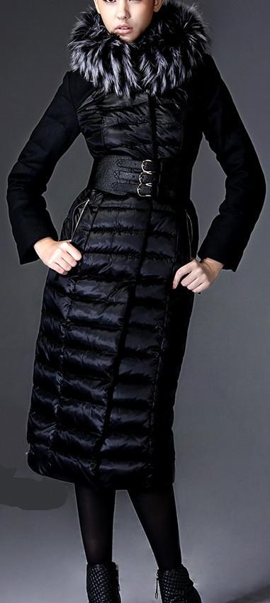 Black Long Fur-Hooded Belted Puffer Coat