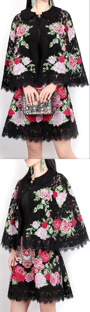 Black Floral Lace Capelet & Mini Skirt - DESIGNER INSPIRED FASHIONS