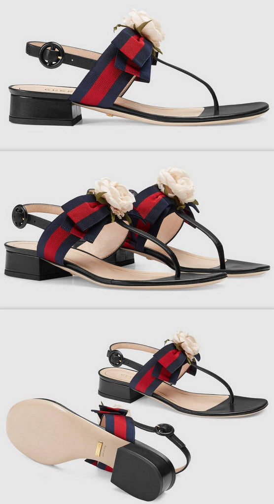 Web & Leather Rose Applique Sandals, Black