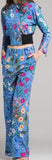 Printed Cropped Jacket & Pant Set-Blue