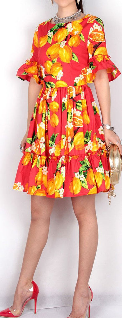 Orange-Print Ruffled-Trimmed Dress