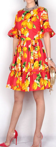 Orange-Print Ruffled-Trimmed Dress