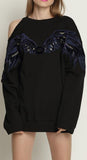 Wing-Embroidered Cold-Shoulder Sweatshirt, Black