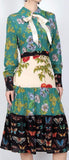 Printed Patchwork Long-Sleeve Midi Dress