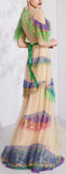 Color-Contrast Ruffle-Sleeved Tulle Gown
