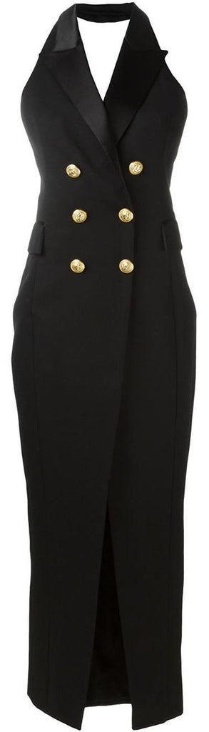 Black Double-Breasted Sleeveless Waistcoat Dress - DESIGNER INSPIRED FASHIONS