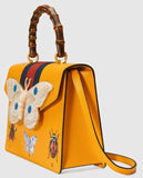 Leather Top Handle Bag with Moth, Yellow