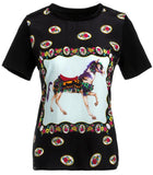 Carnival Horse Printed Silk T-Shirt, Black - DESIGNER INSPIRED FASHIONS