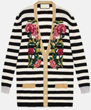 Floral-Embroidered Striped Knit Cardigan Sweater