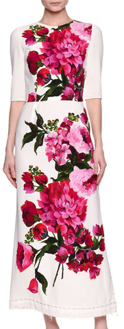 Half-Sleeve Floral Print Midi Dress - White/Pink - DESIGNER INSPIRED FASHIONS
