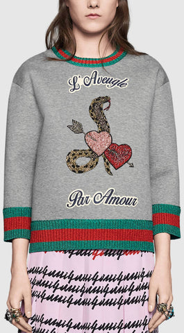 'L'aveugle par amour' Double Fleece Embellished Sweatshirt in Grey - DESIGNER INSPIRED FASHIONS