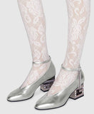 Mid-Heel Pump with Crystal G Heel, Metallic Silver