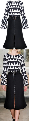 Printed Flared-Sleeve Blouse and Belted Skirt Set