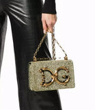 Crossbody Lurex Metallic Shoulder Bag with Chain Strap -Silver or Gold