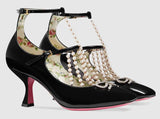 T-strap Leather Pump with Pearls - White or Black