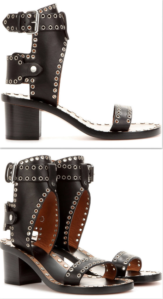 'Jaeryn' Embellished Black Leather Sandals - DESIGNER INSPIRED FASHIONS