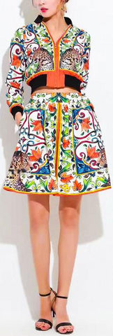 'Majolica' & Leopard Print Jacket & Skirt Set, Multicolored