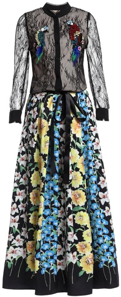 Bird-Embroidered Lace Top & Floral Print Maxi Skirt Set - DESIGNER INSPIRED FASHIONS