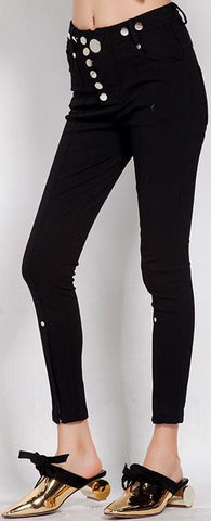 Metal-Button-Embellished Skinny Pants, Black