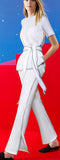 Contrast-Stripe Belted Top and Pant Set - Deep Navy Blue or White
