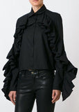 Ruffle Trim Long Sleeves Shirt, Black