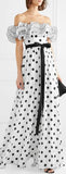 Ruffled Off-the-Shoulder Polka-Dot Dress
