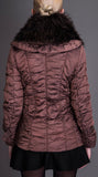 Crinkle Metallic Quilted Jacket with Fur Collar, Burgundy/Red