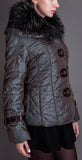 Crinkle Metallic Quilted Jacket with Fur Collar, Purple