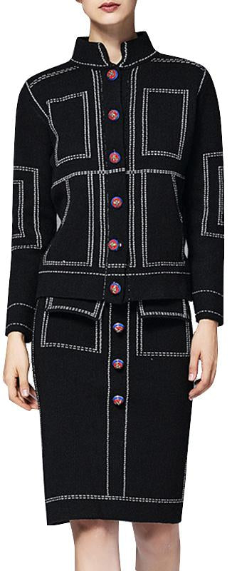 Black Printed Knit Cardigan Sweater & Skirt Set