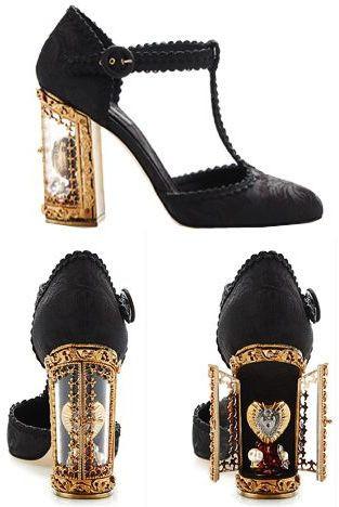 Black Embellished Sacred Heart Brocade Heeled Shoes - DESIGNER INSPIRED FASHIONS