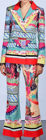 Printed Blazer and Flared Pant Suit