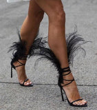 Iris 105 Feather Sandals, Black Feathers and Black Leather