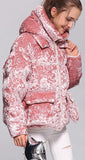 Crushed Velvet Hooded Puffer Down Jacket - Apricot, Blue, Pink, or Light Blue