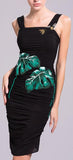 Banana Leaf Embroidered, Bee Embellished Ruched Fitted Dress in Black - DESIGNER INSPIRED FASHIONS